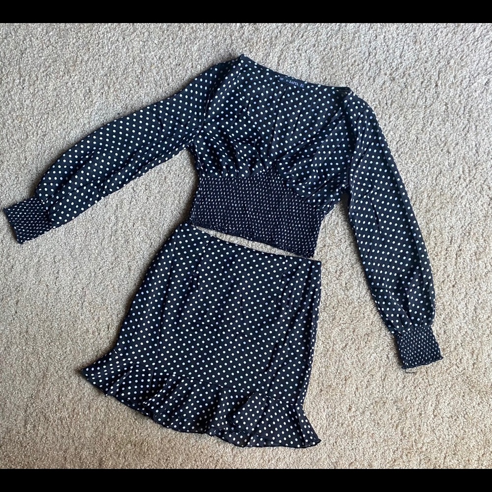 Puff Sleeve Polka Dot Top & Ruffle Hem Skirt Set